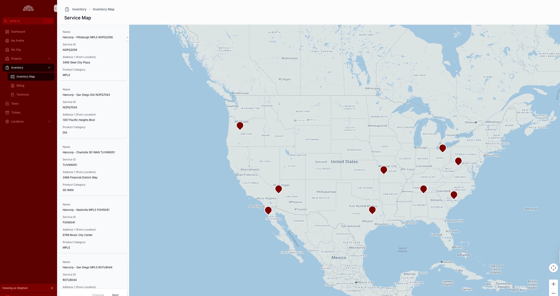 Interactive service map displaying telecom services across the United States with location markers and service details